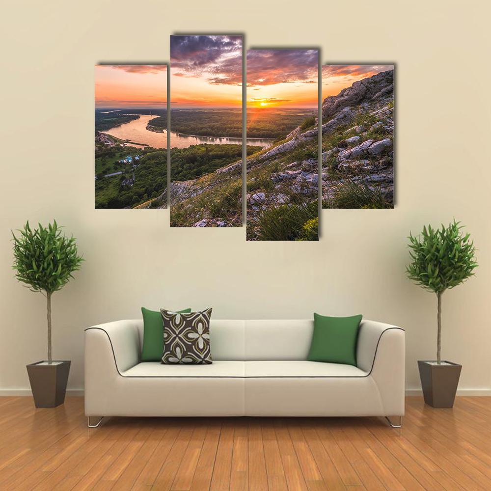 Sunset Over Rocks And River Canvas Wall Art-4 Pop-Gallery Wrap-50" x 32"-Tiaracle