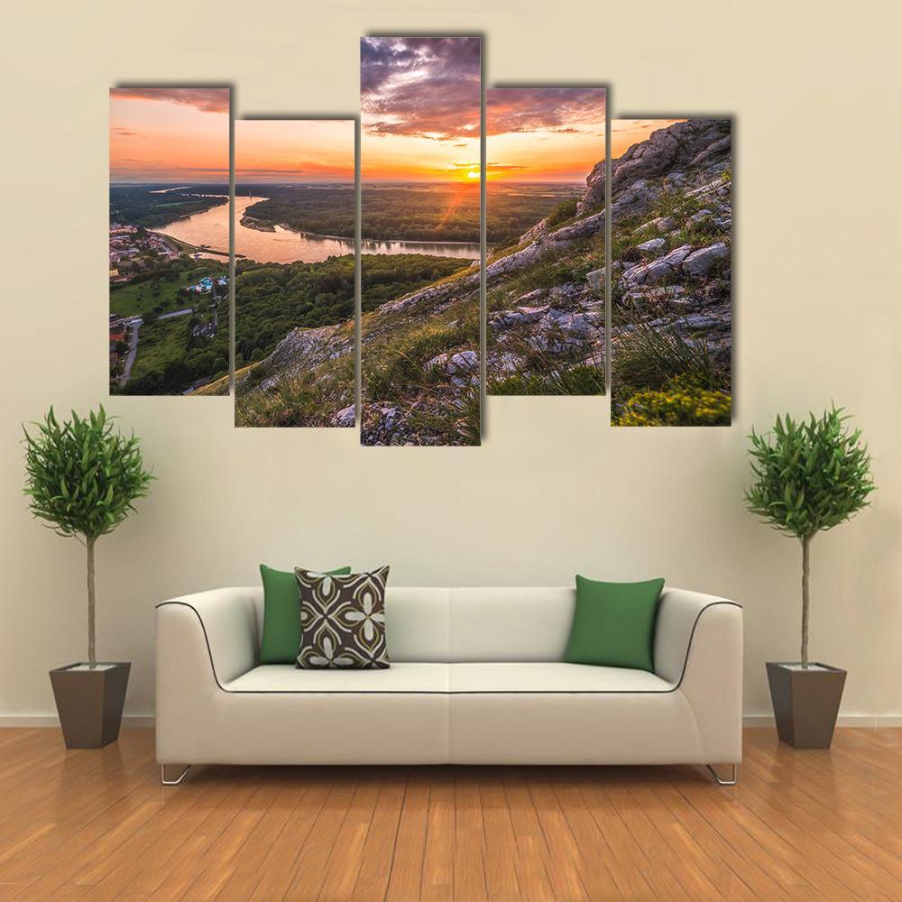 Sunset Over Rocks And River Canvas Wall Art-5 Pop-Gallery Wrap-47" x 32"-Tiaracle