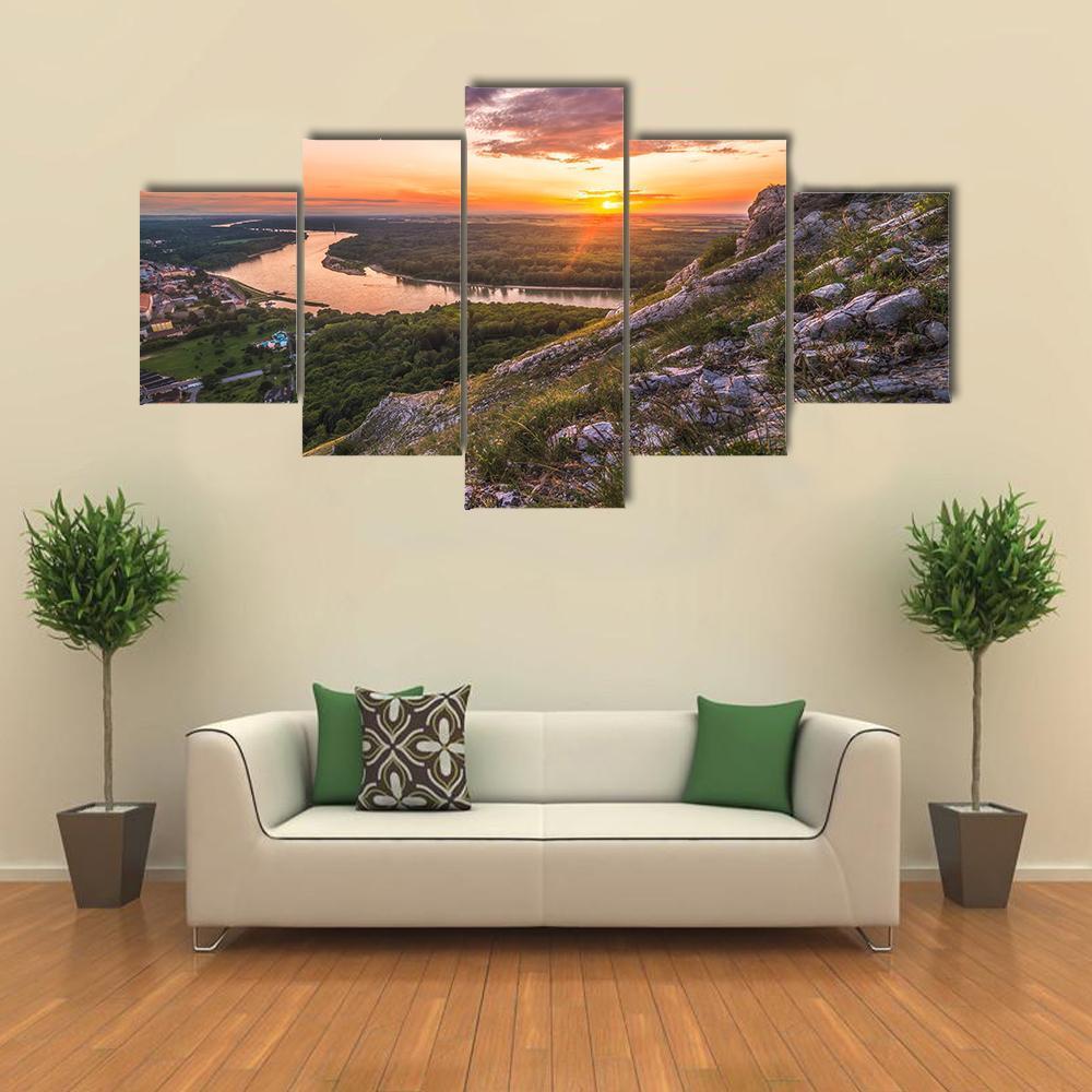 Sunset Over Rocks And River Canvas Wall Art-5 Star-Gallery Wrap-62" x 32"-Tiaracle