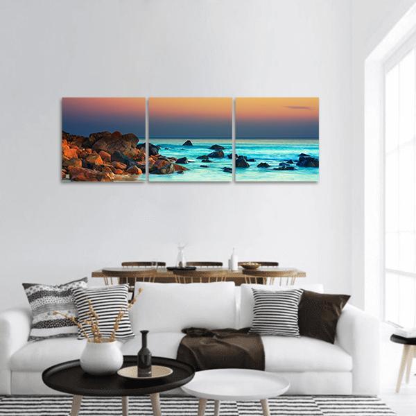 Sunset Over Sea Beach Panoramic Canvas Wall Art-3 Piece-25" x 08"-Tiaracle