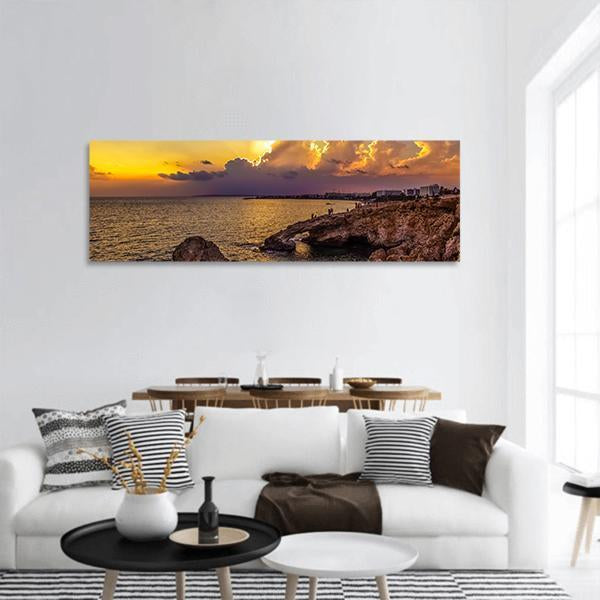 Sunset Over Sea In Cyprus Panoramic Canvas Wall Art-1 Piece-36" x 12"-Tiaracle