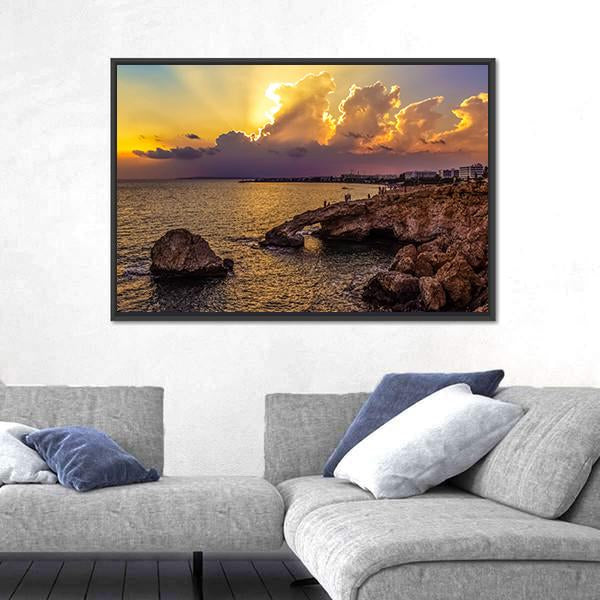 Sunset Over Sea In Cyprus Panoramic Canvas Wall Art-1 Piece-36" x 12"-Tiaracle