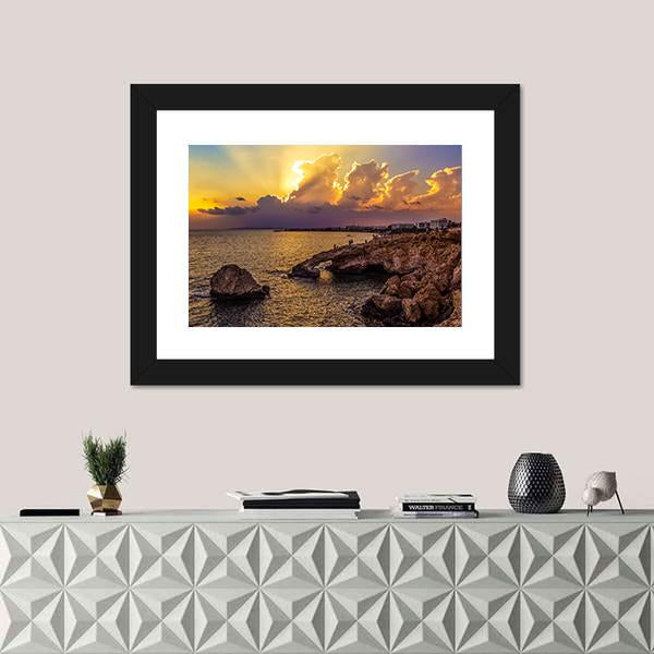 Sunset Over Sea In Cyprus Panoramic Canvas Wall Art-1 Piece-36" x 12"-Tiaracle