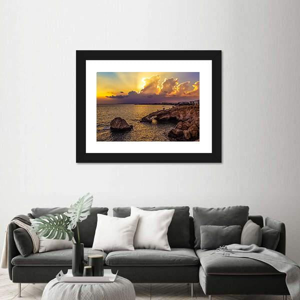 Sunset Over Sea In Cyprus Panoramic Canvas Wall Art-1 Piece-36" x 12"-Tiaracle