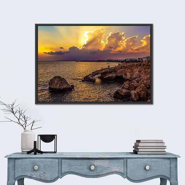 Sunset Over Sea In Cyprus Panoramic Canvas Wall Art-1 Piece-36" x 12"-Tiaracle