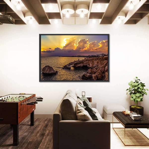 Sunset Over Sea In Cyprus Panoramic Canvas Wall Art-1 Piece-36" x 12"-Tiaracle