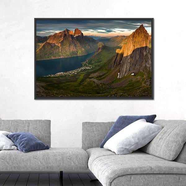 Sunset Over Segla summit And Fjordgard Village Panoramic Canvas Wall Art-1 Piece-36" x 12"-Tiaracle