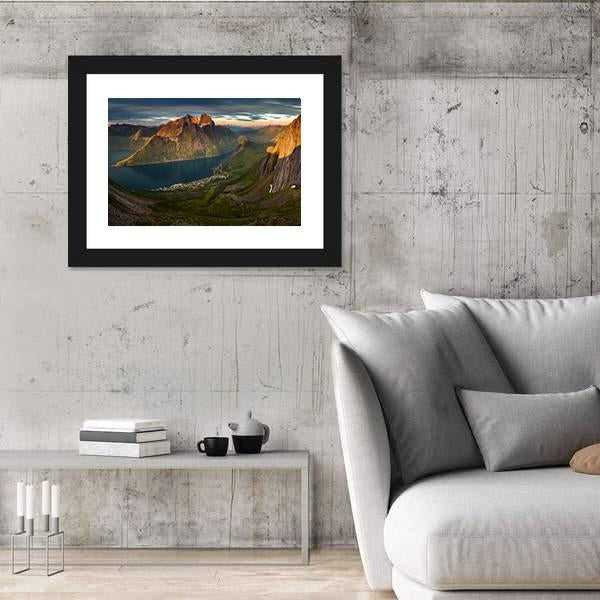 Sunset Over Segla summit And Fjordgard Village Panoramic Canvas Wall Art-1 Piece-36" x 12"-Tiaracle