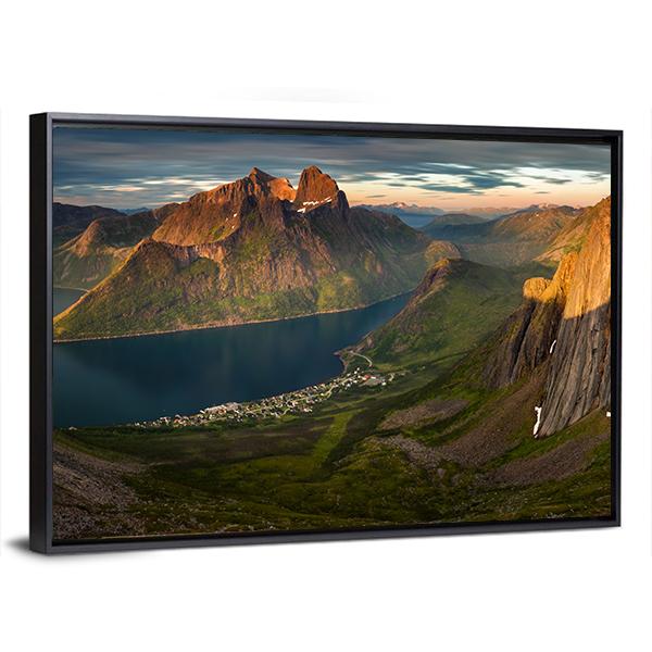 Sunset Over Segla summit And Fjordgard Village Panoramic Canvas Wall Art-1 Piece-36" x 12"-Tiaracle