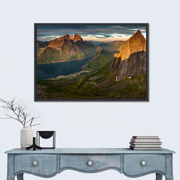 Sunset Over Segla summit And Fjordgard Village Panoramic Canvas Wall Art-1 Piece-36" x 12"-Tiaracle