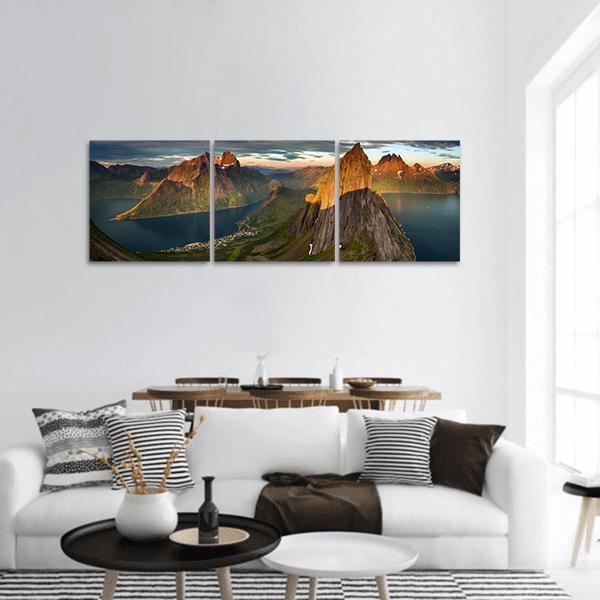 Sunset Over Segla summit And Fjordgard Village Panoramic Canvas Wall Art-3 Piece-25" x 08"-Tiaracle