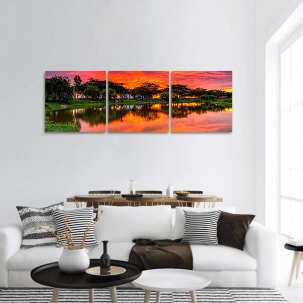 Sunset Over Small Lake Panoramic Canvas Wall Art-3 Piece-25" x 08"-Tiaracle