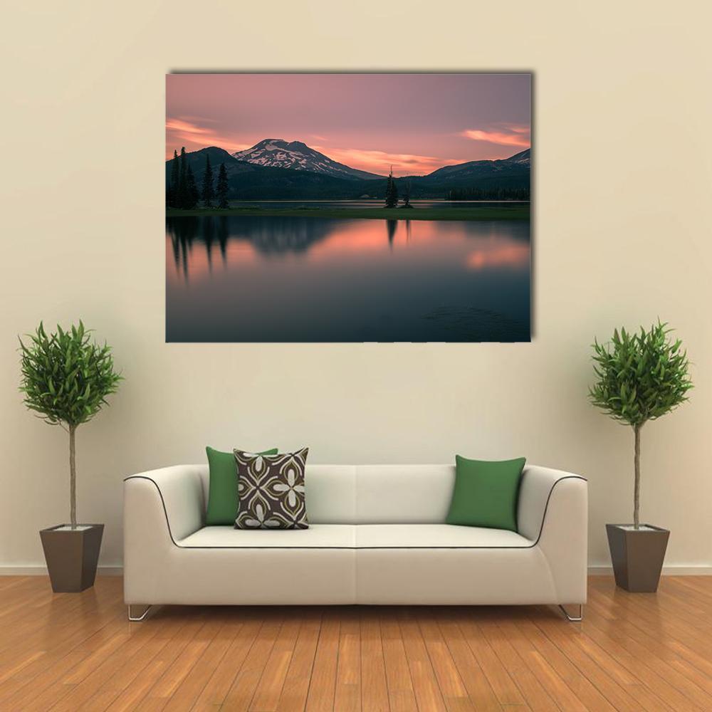 Sunset Over Sparks Lake Canvas Wall Art in orange, blue and pink, single panel hung on a wall