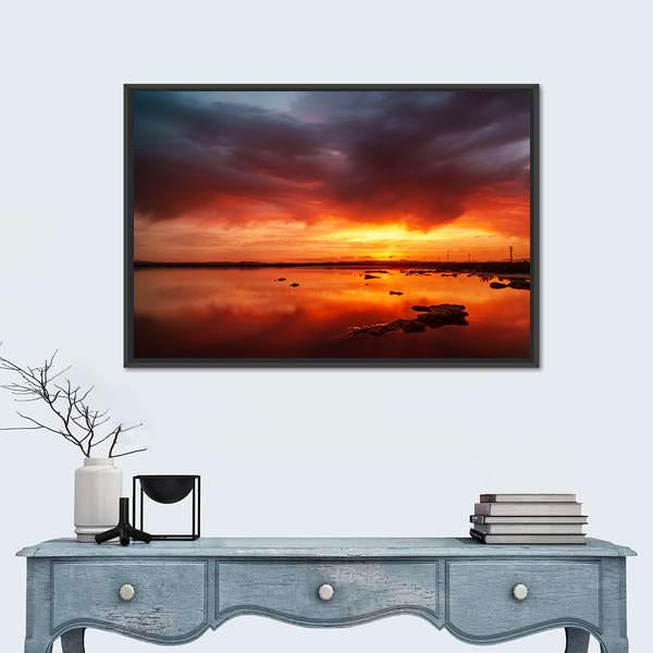 Sunset Over Still Lake In Torrevieja Canvas Wall Art-1 Piece-Floating Frame-24" x 16"-Tiaracle