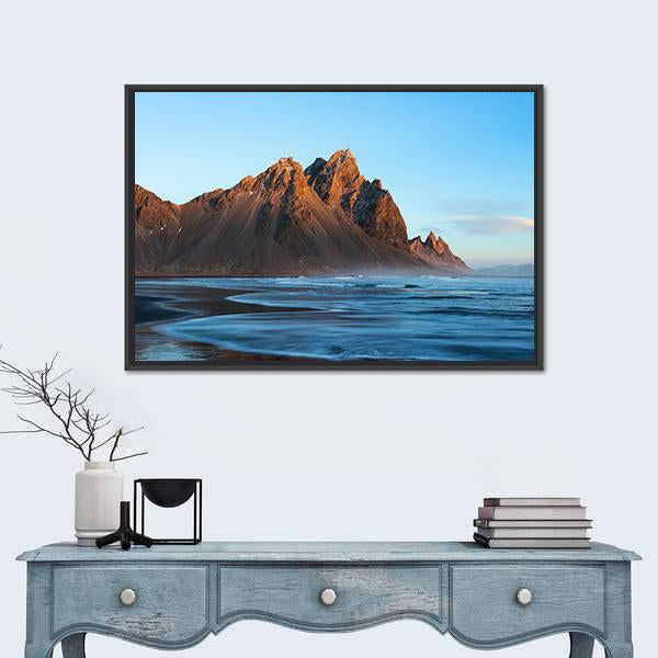 Sunset Over Stoks Mountains On Vestrahorn Cape Canvas Wall Art-1 Piece-Floating Frame-24" x 16"-Tiaracle