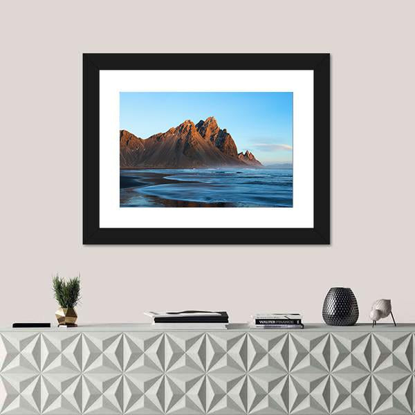 Sunset Over Stoks Mountains On Vestrahorn Cape Canvas Wall Art-1 Piece-Framed Print-20" x 16"-Tiaracle