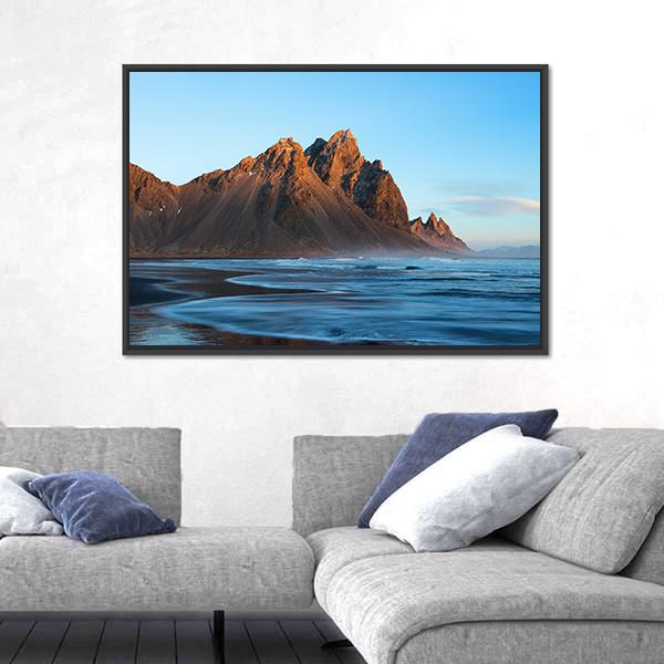 Sunset Over Stoks Mountains On Vestrahorn Cape Canvas Wall Art-3 Horizontal-Gallery Wrap-25" x 16"-Tiaracle