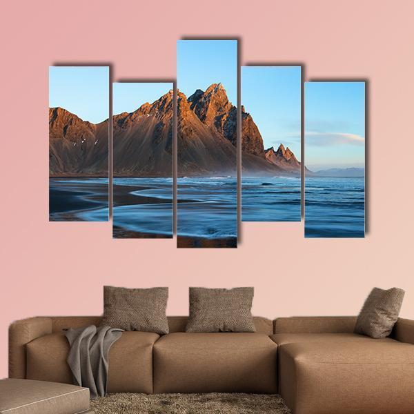 Sunset Over Stoks Mountains On Vestrahorn Cape Canvas Wall Art-5 Pop-Gallery Wrap-47" x 32"-Tiaracle