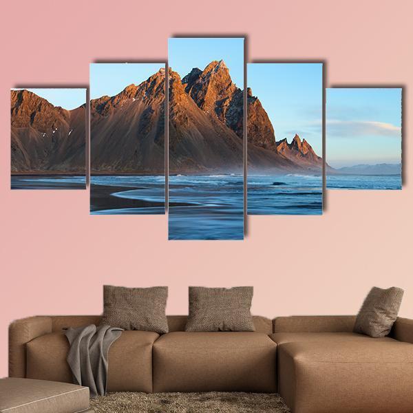 Sunset Over Stoks Mountains On Vestrahorn Cape Canvas Wall Art-5 Star-Gallery Wrap-62" x 32"-Tiaracle