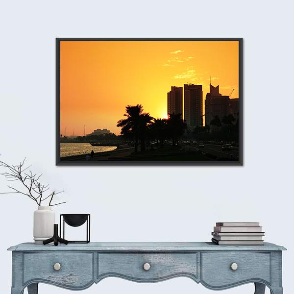 Sunset Over The Corniche In Doha Canvas Wall Art-1 Piece-Floating Frame-24" x 16"-Tiaracle