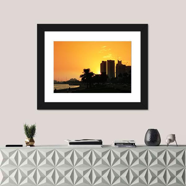 Sunset Over The Corniche In Doha Canvas Wall Art-1 Piece-Framed Print-20" x 16"-Tiaracle