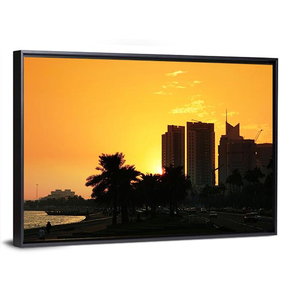 Sunset Over The Corniche In Doha Canvas Wall Art-3 Horizontal-Gallery Wrap-25" x 16"-Tiaracle