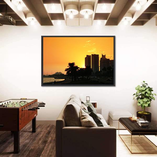 Sunset Over The Corniche In Doha Canvas Wall Art-3 Horizontal-Gallery Wrap-25" x 16"-Tiaracle
