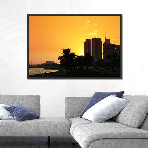 Sunset Over The Corniche In Doha Canvas Wall Art-3 Horizontal-Gallery Wrap-25" x 16"-Tiaracle