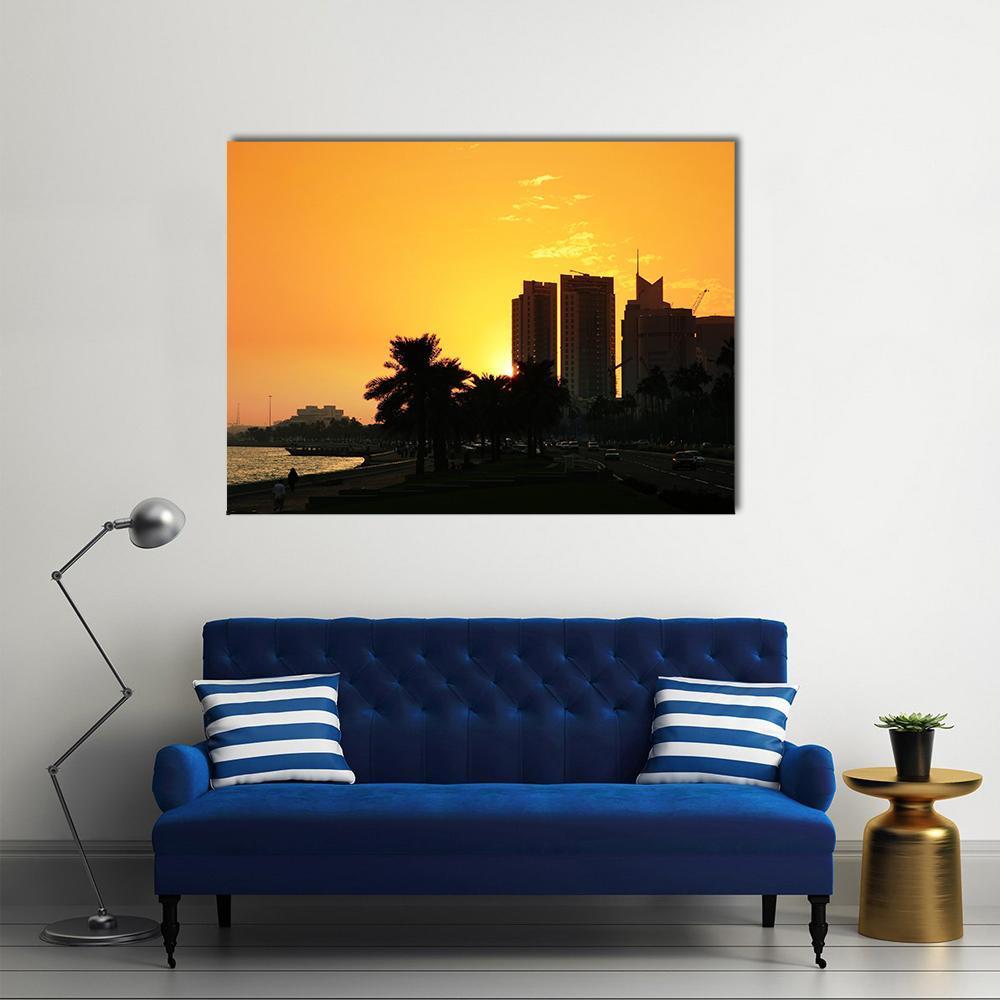 Sunset Over The Corniche In Doha Canvas Wall Art-1 Piece-Gallery Wrap-48" x 32"-Tiaracle