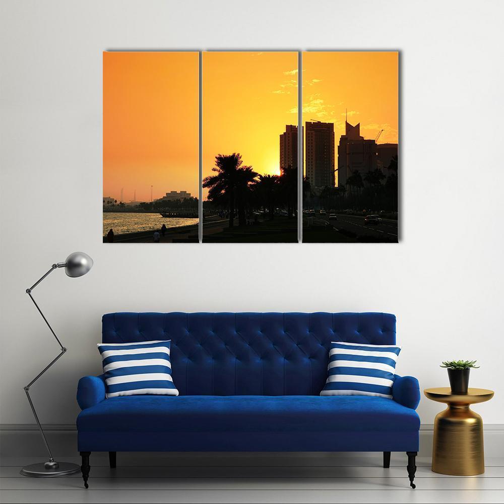 Sunset Over The Corniche In Doha Canvas Wall Art-3 Horizontal-Gallery Wrap-37" x 24"-Tiaracle