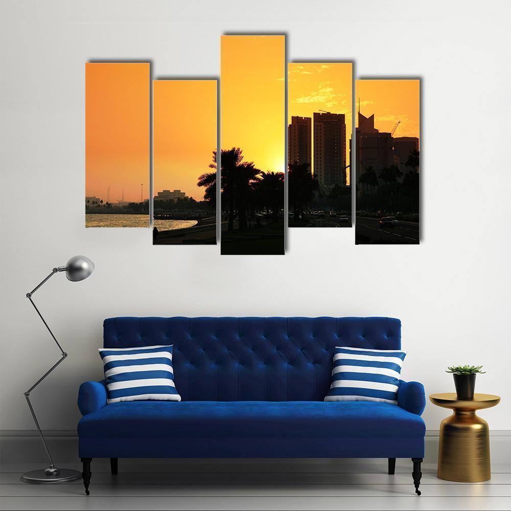 Sunset Over The Corniche In Doha Canvas Wall Art-5 Pop-Gallery Wrap-47" x 32"-Tiaracle