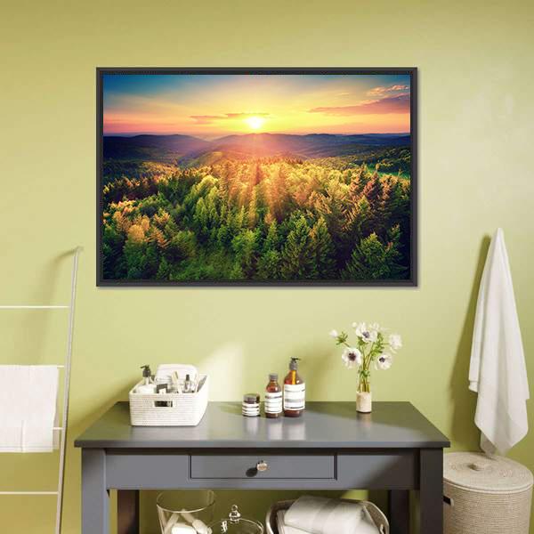Sunset Over The Forest Hills Canvas Wall Art-1 Piece-Floating Frame-24" x 16"-Tiaracle