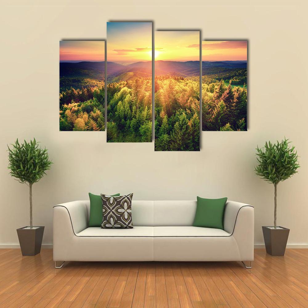 Sunset Over The Forest Hills Canvas Wall Art-4 Pop-Gallery Wrap-50" x 32"-Tiaracle