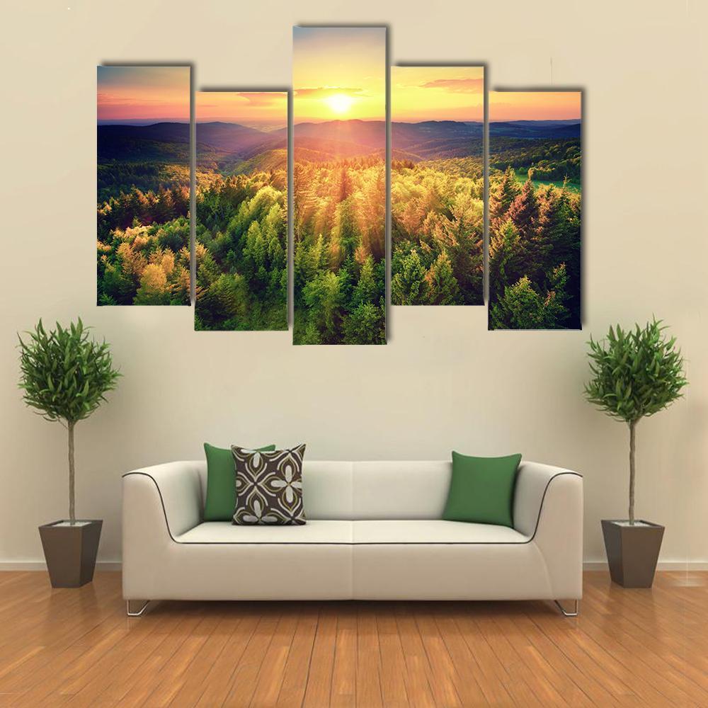 Sunset Over The Forest Hills Canvas Wall Art-5 Pop-Gallery Wrap-47" x 32"-Tiaracle