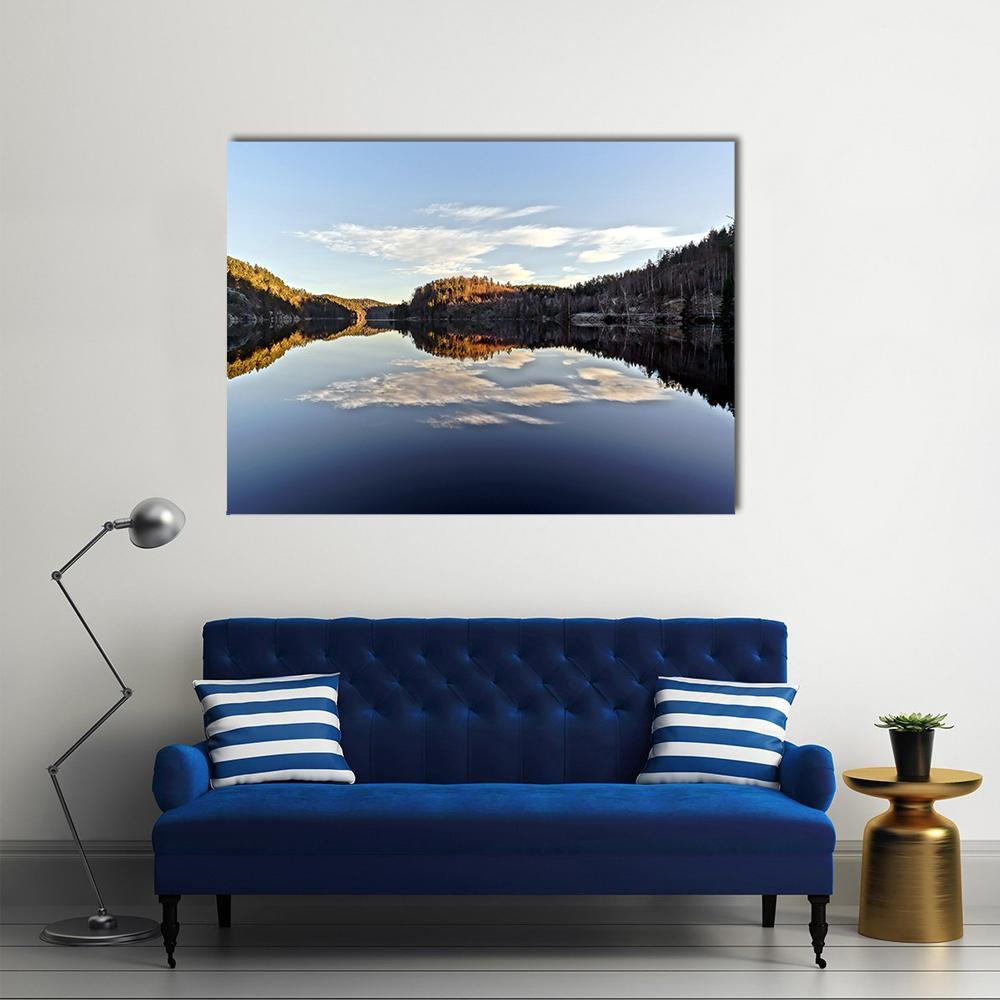 Sunset Over Frozen Fjord Canvas Wall Art in white, brown and blue, single panel hung on a wall