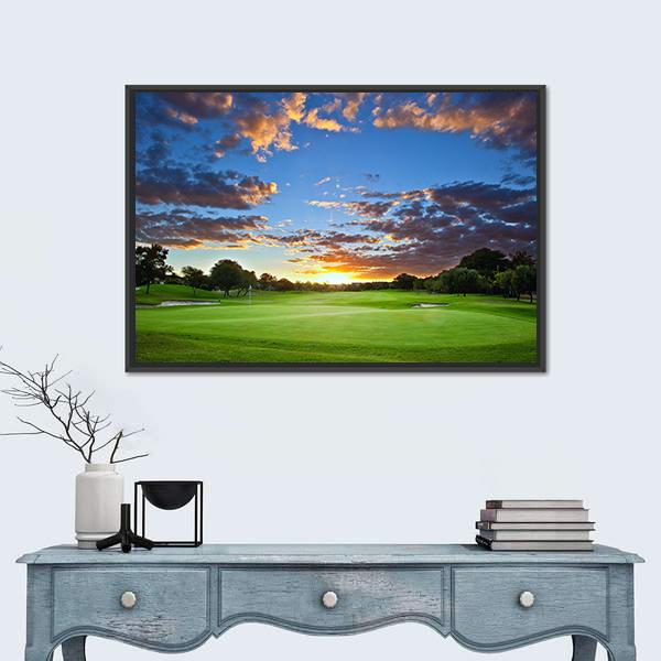 Golf Course at Sunset Canvas Wall Art in orange, green and blue, framed canvas, product view on a white background