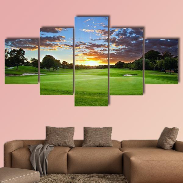Sunset Over The Golf Course Canvas Wall Art-5 Star-Gallery Wrap-62" x 32"-Tiaracle