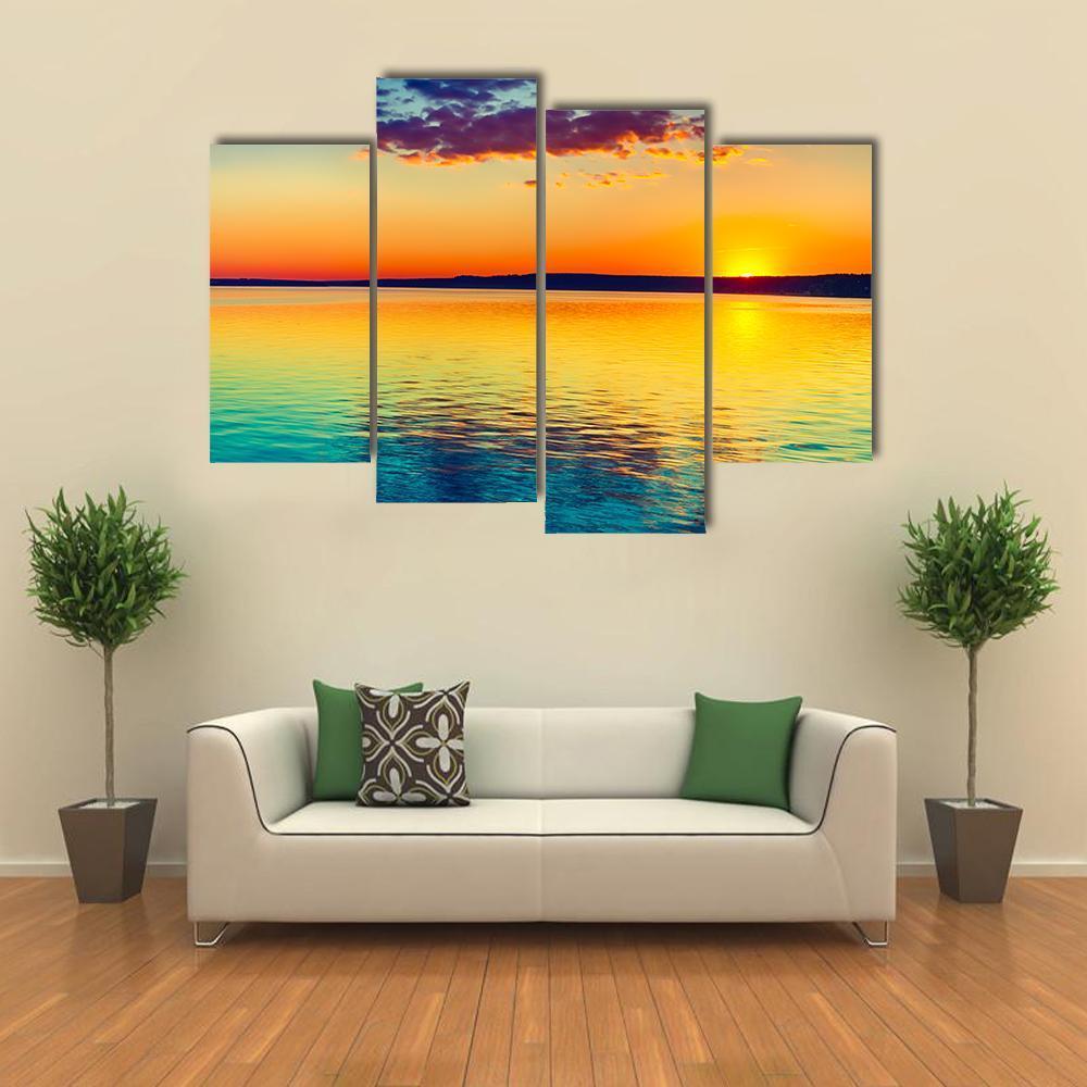 Sunset Over The Lake In Russia Canvas Wall Art-4 Pop-Gallery Wrap-50" x 32"-Tiaracle