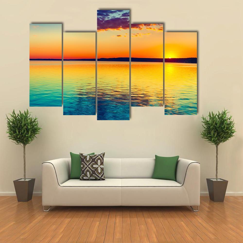 Sunset Over The Lake In Russia Canvas Wall Art-5 Pop-Gallery Wrap-47" x 32"-Tiaracle