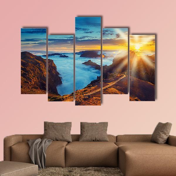 Sunset Over The Mountains In Portugal Canvas Wall Art-5 Pop-Gallery Wrap-47" x 32"-Tiaracle