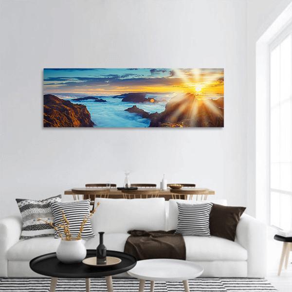 Sunset Over The Mountains In Portugal Panoramic Canvas Wall Art-3 Piece-25" x 08"-Tiaracle