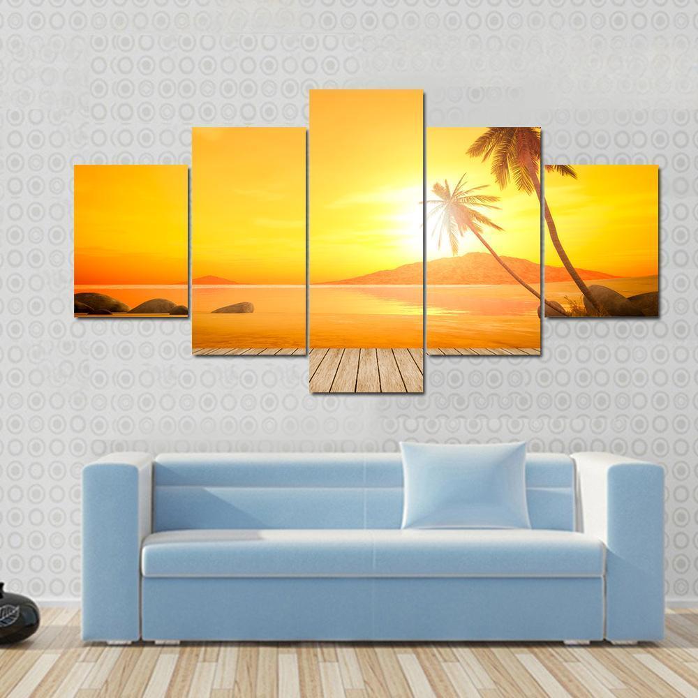 Sunset Over The Ocean Canvas Wall Art-5 Star-Gallery Wrap-62" x 32"-Tiaracle