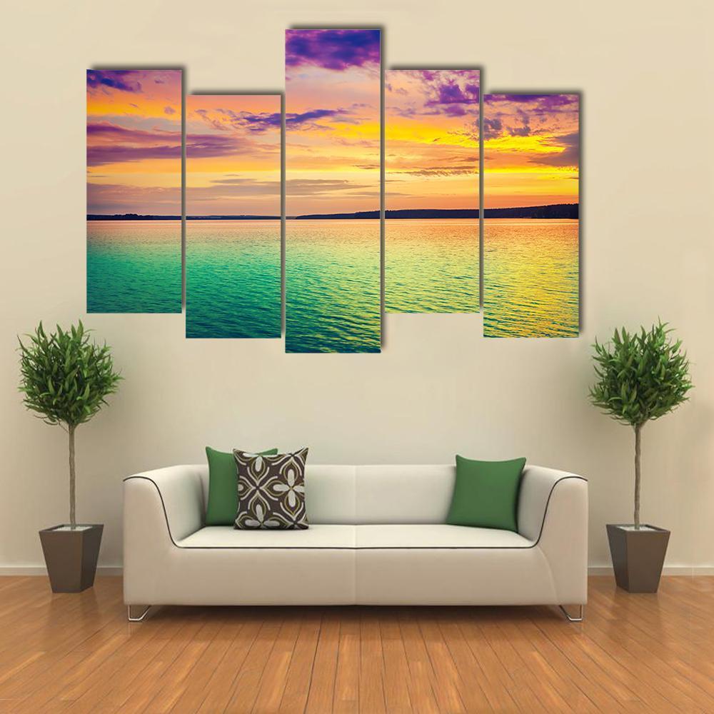 Sunset Over The River Canvas Wall Art-5 Pop-Gallery Wrap-47" x 32"-Tiaracle