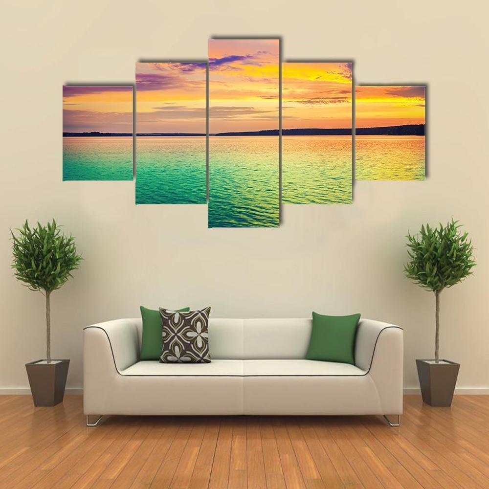 Sunset Over The River Canvas Wall Art-5 Star-Gallery Wrap-62" x 32"-Tiaracle