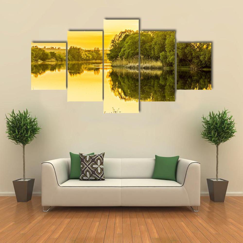 Sunset Over The River Canvas Wall Art-5 Star-Gallery Wrap-62" x 32"-Tiaracle