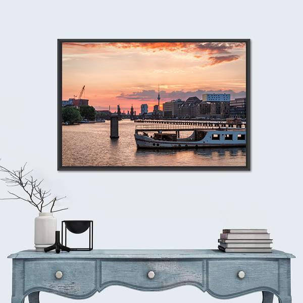 Sunset Over The River Spree Canvas Wall Art-1 Piece-Floating Frame-24" x 16"-Tiaracle