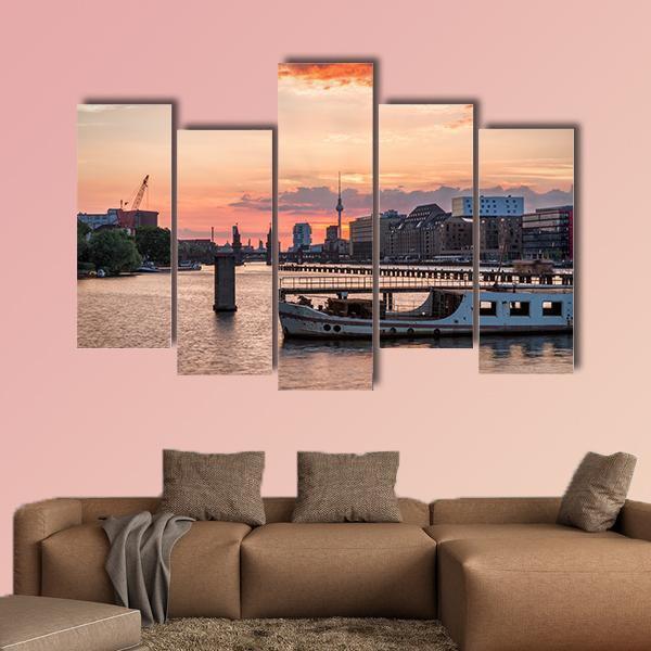 Sunset Over The River Spree Canvas Wall Art-5 Pop-Gallery Wrap-47" x 32"-Tiaracle