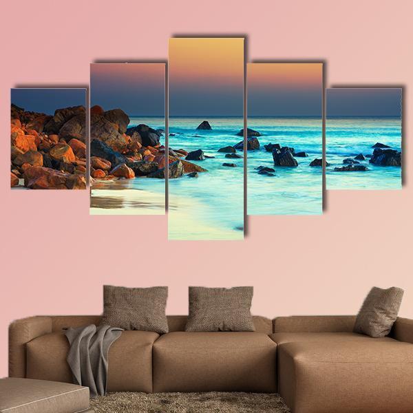 Sunset Over Blue Sea Canvas Wall Art-5 Star-Gallery Wrap-62" x 32"-Tiaracle