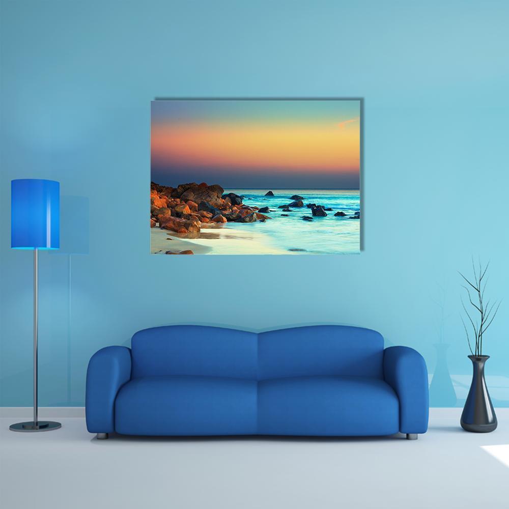 Sunset Over The Sea Stone Canvas Wall Art-1 Piece-Gallery Wrap-48" x 32"-Tiaracle