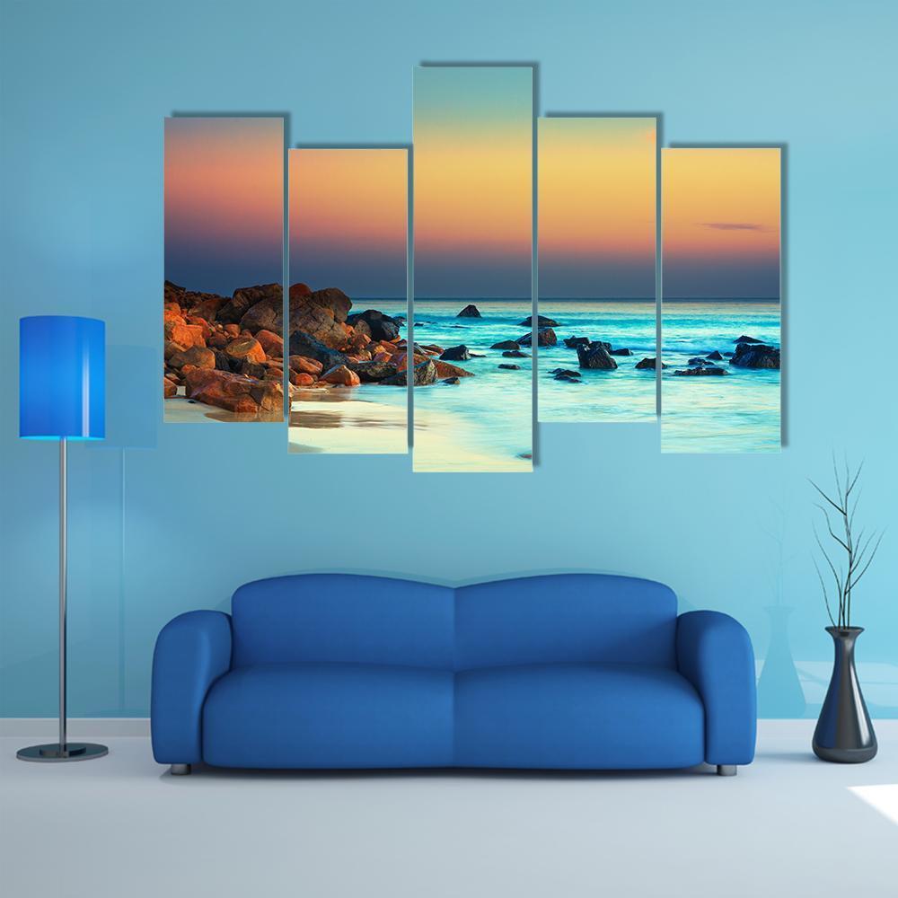 Sunset Over The Sea Stone Canvas Wall Art-5 Pop-Gallery Wrap-47" x 32"-Tiaracle